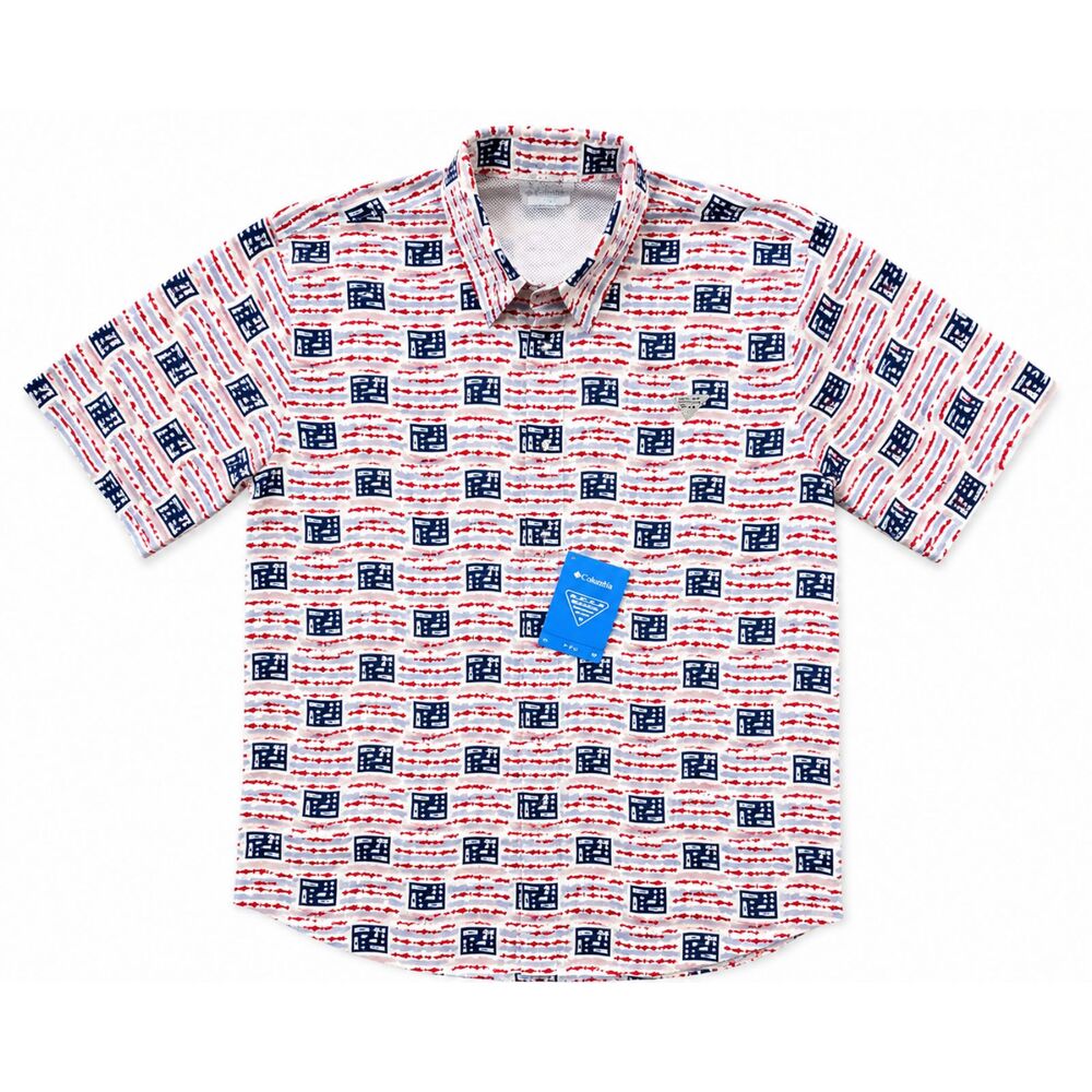 Columbia PFG Trollers Best SS Shirt Mens‎ M Fish Flag Button Up NWT UPF